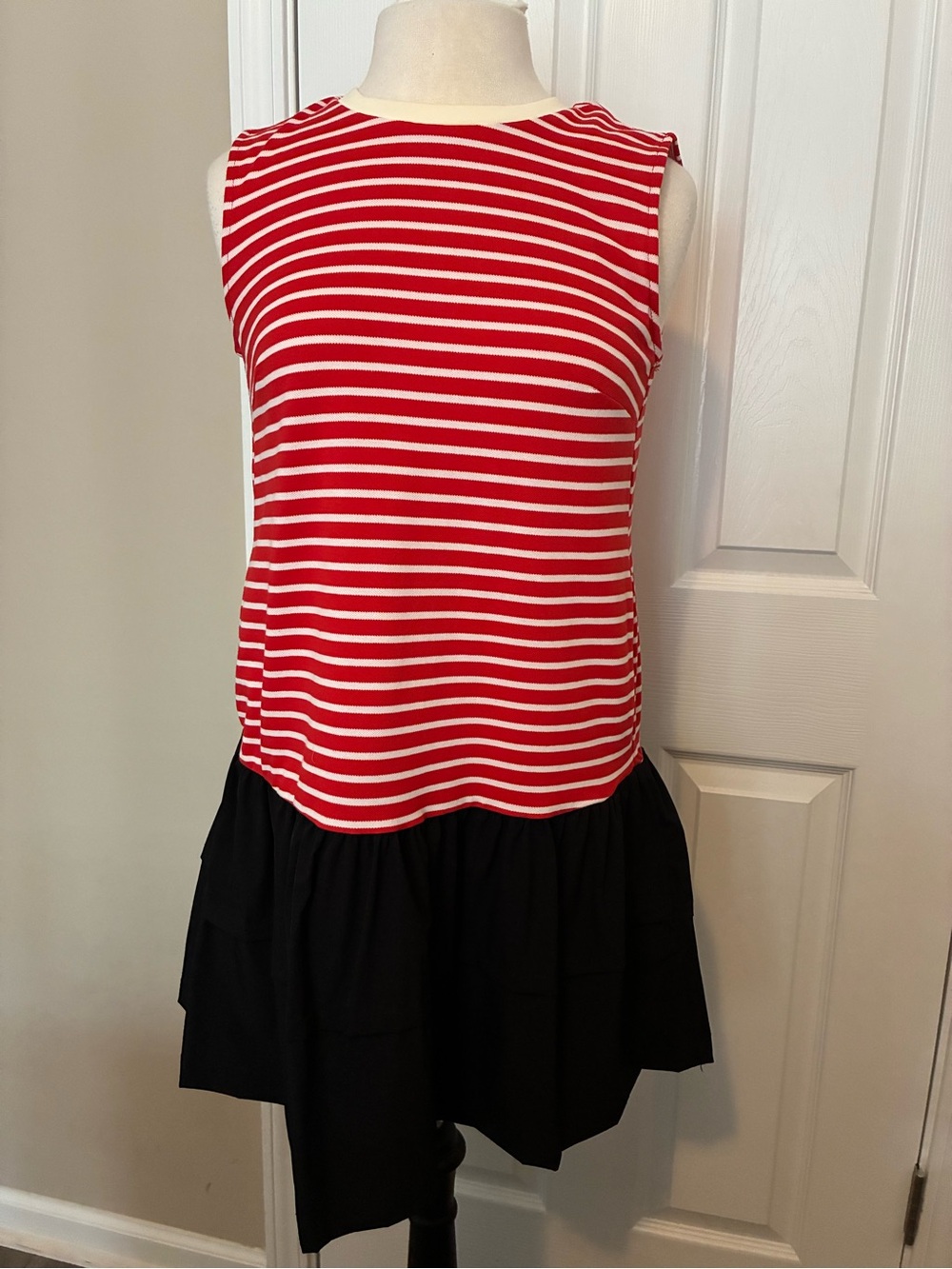 Amazon Red and White Striped Sleeveless Dress with Black Skirt